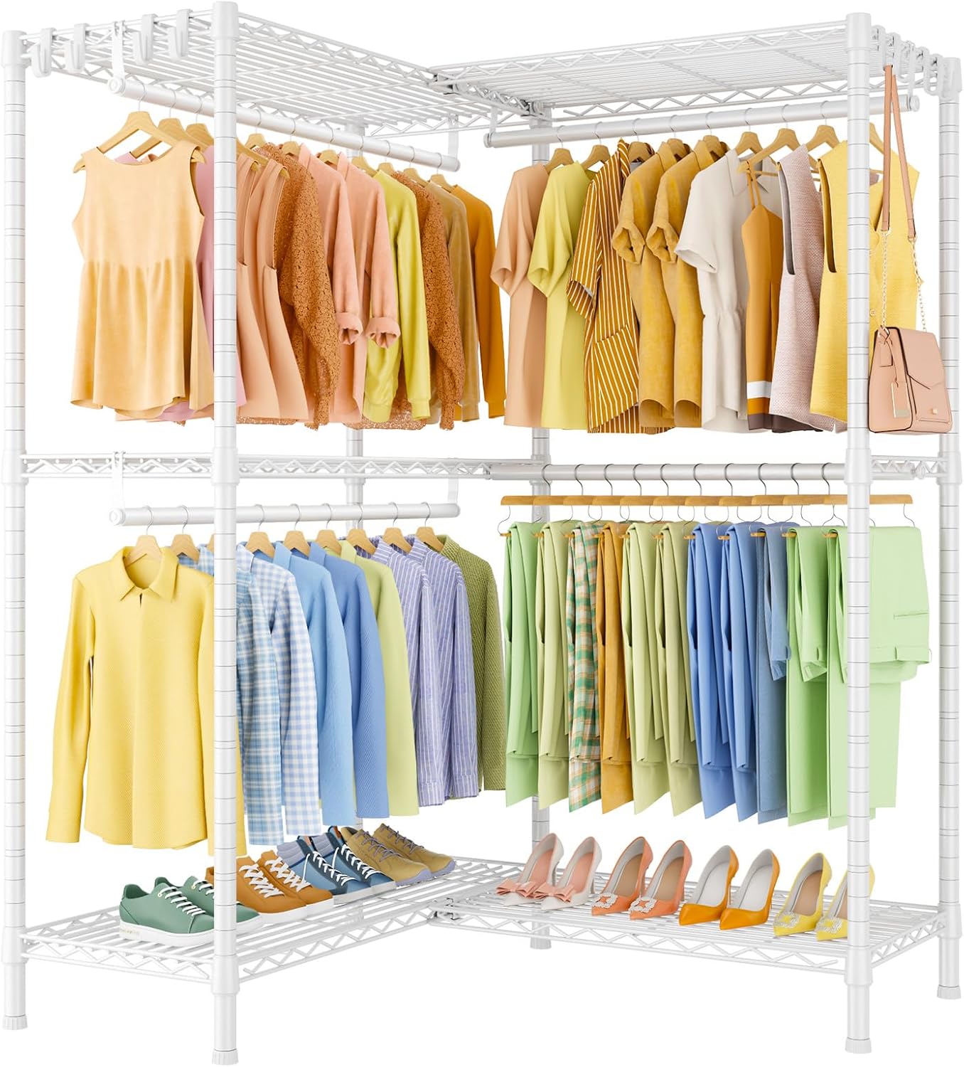 E15 Garment Rack L Shaped Clothes Rack for Corner，Freestanding Clothing Racks for Hanging Clothes，Heavy Duty Closet Organizer with 4 Hanging Rods & 8 S Hooks，43.3