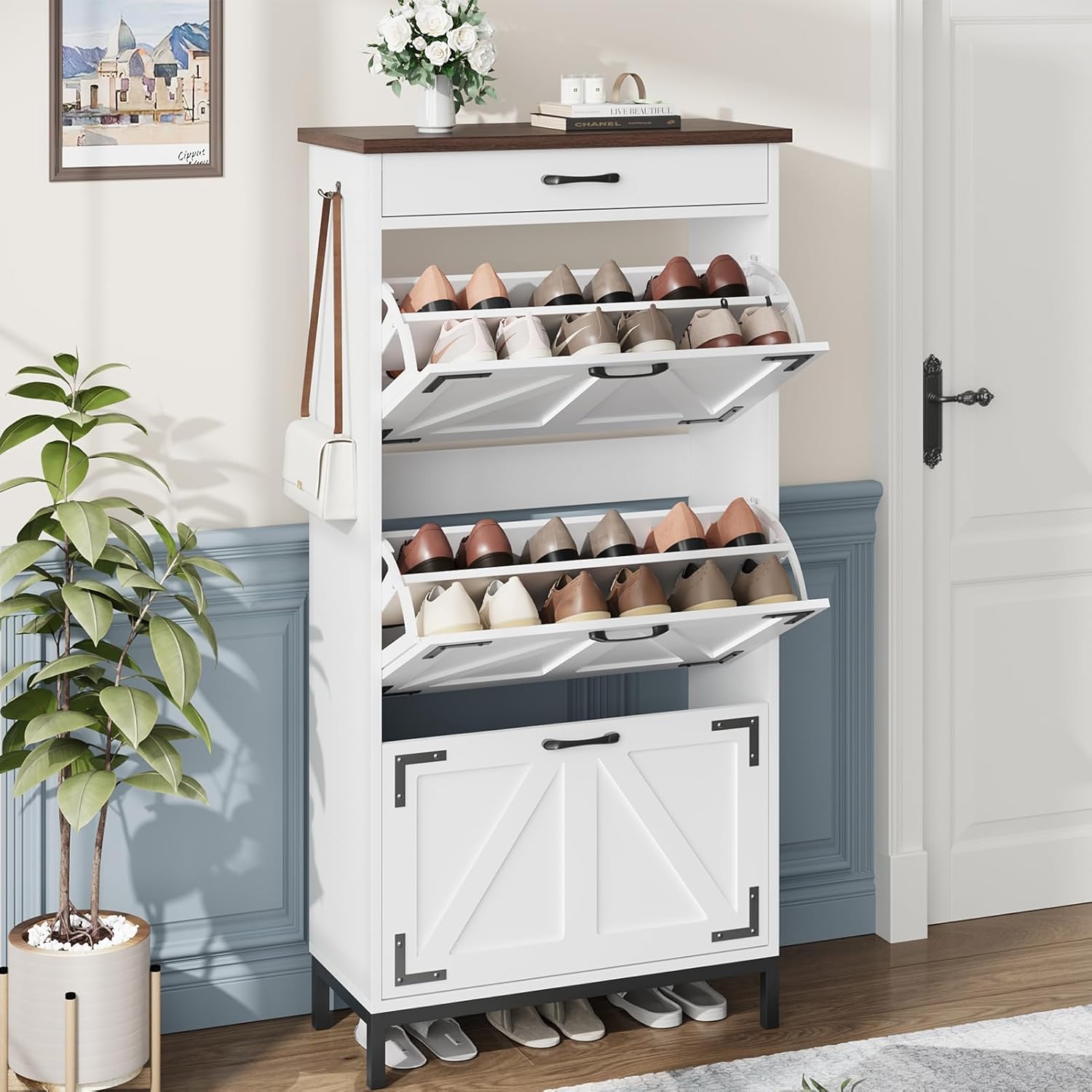 Shoe Storage Cabinet with 3 Flip Drawer, Farmhouse Narrow Shoe Cabinet with Metal Legs and Pull Out Drawer, 57.1'' Hight Freestanding Hidden Shoes Storage Organizer for Entryway, Hallway (White)