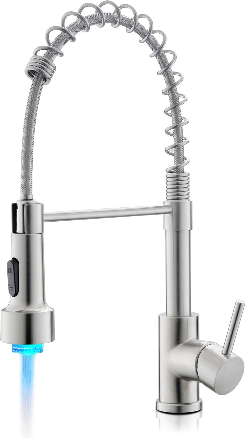 LUFEIDRA Kitchen Faucet with Sprayer LED Light, High Arc Kitchen Faucets Single Hole 304 Stainless Steel Kitchen Sink Faucet Faucet for Bar Sink Rv, Brushed Nickel