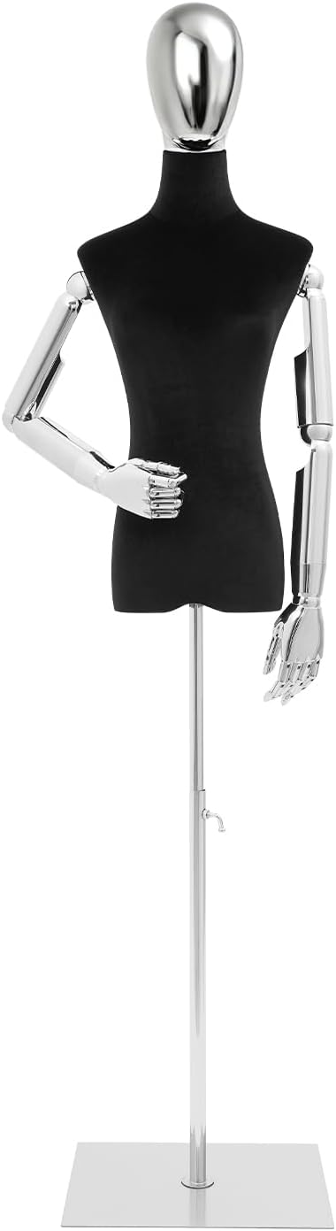 Female Mannequin Torso with Head and Posable Arms, Height Adjustable Dress Form, Half Manikin Body Stand, Clothing Manikin with Velvet Surface and Stable Metal Base (Grey, 78.74in)