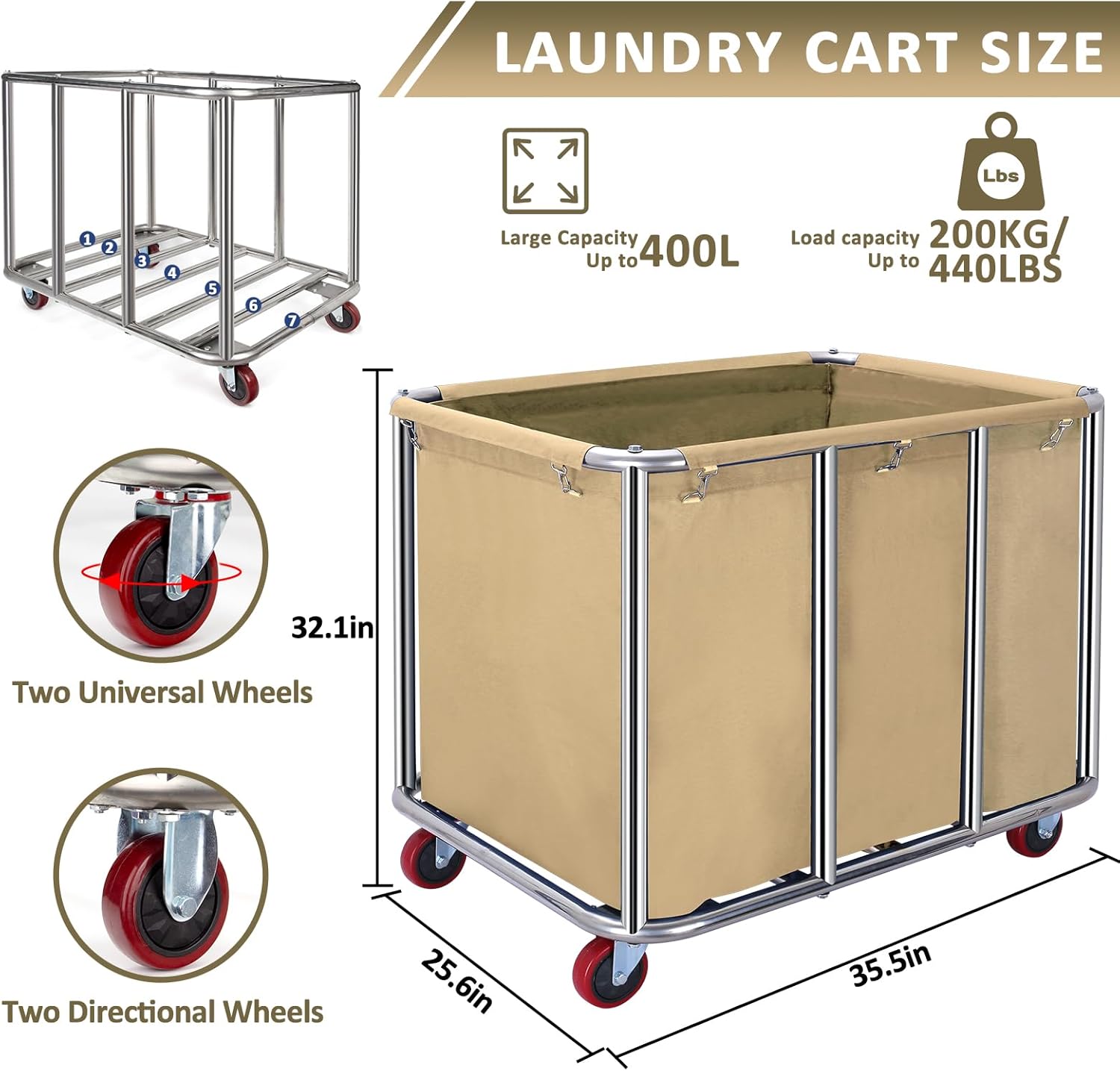 Commercial Laundry Cart with Wheels,Commercial Laundry Basket 11.35 Bushel(400L),Industrial Laundry Cart with Stainless Steel Frame and Oxford Cloth,440LB Load(Beige)