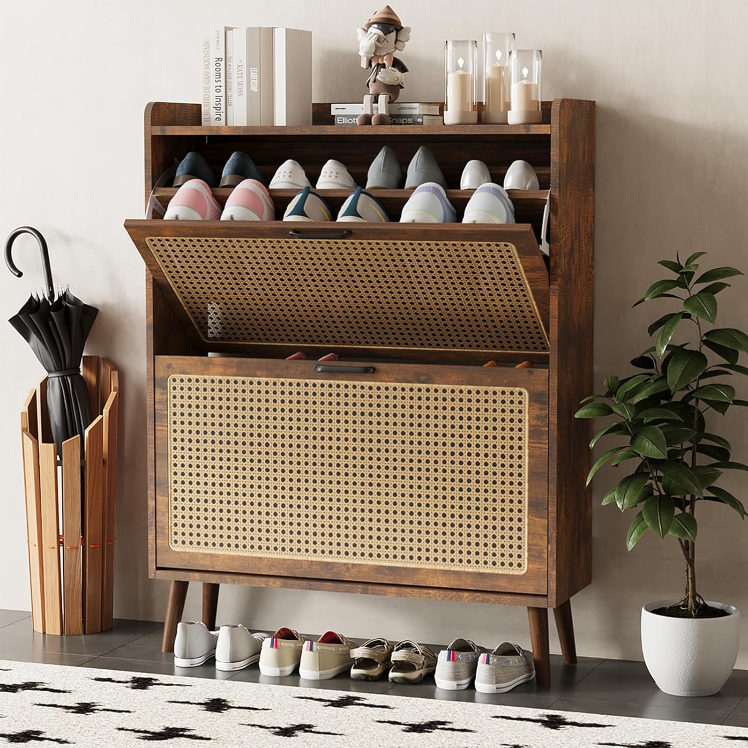 Shoe Cabinet Storage Entryway: Narrow 2 Tier Flip Drawer Shoe Storage for Hallway and Entrance - Rattan Slim Organizer with Walnut Wooden Legs & Mental Handles