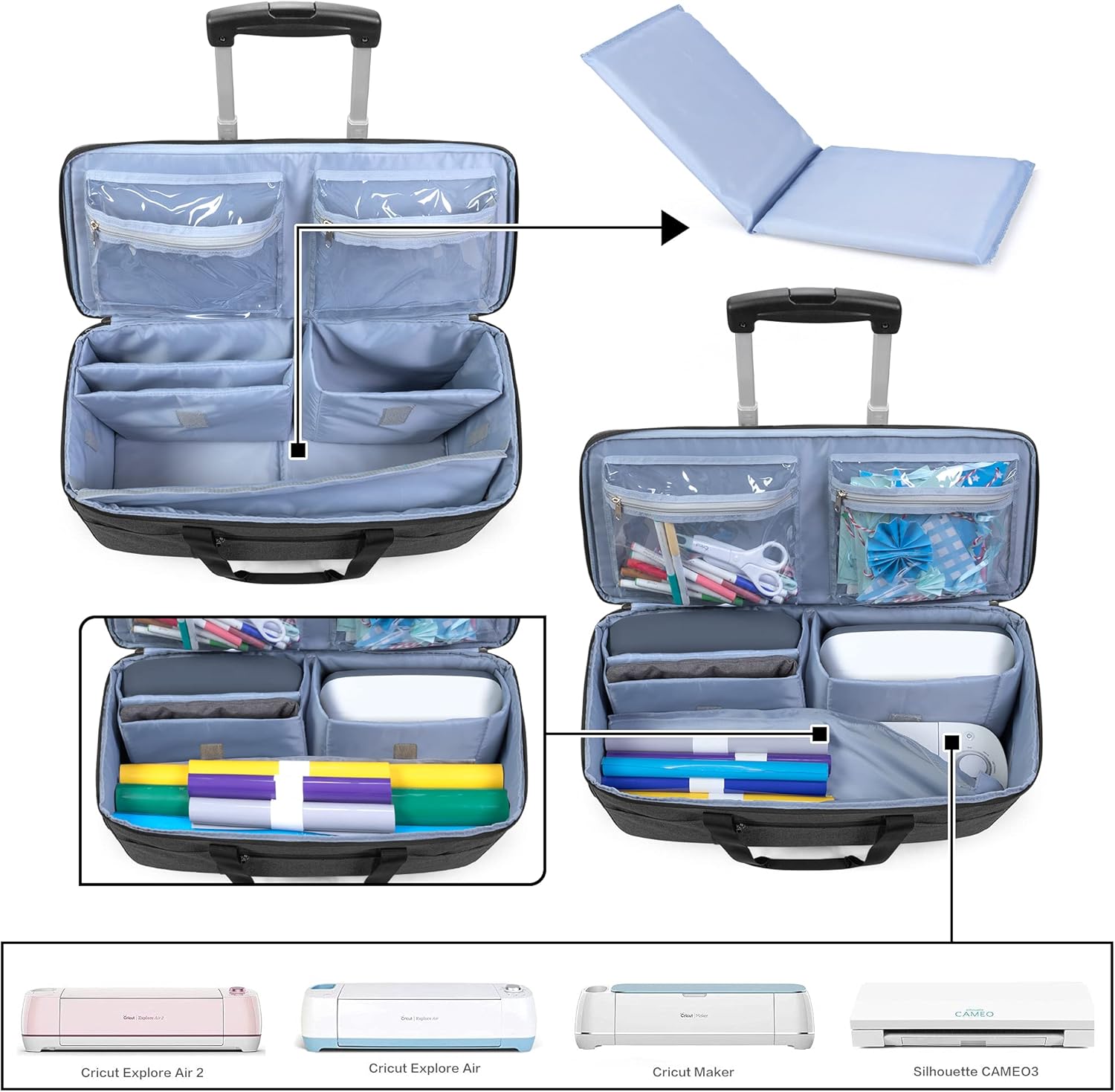 LUXJA Rolling Tote Compatible with Cricut Maker (Explore Air) and Easy Press (9 inches x 9 inches), Die-Cut Machine Carrying Case with Wheels (Come with a Detachable Dolly), Black