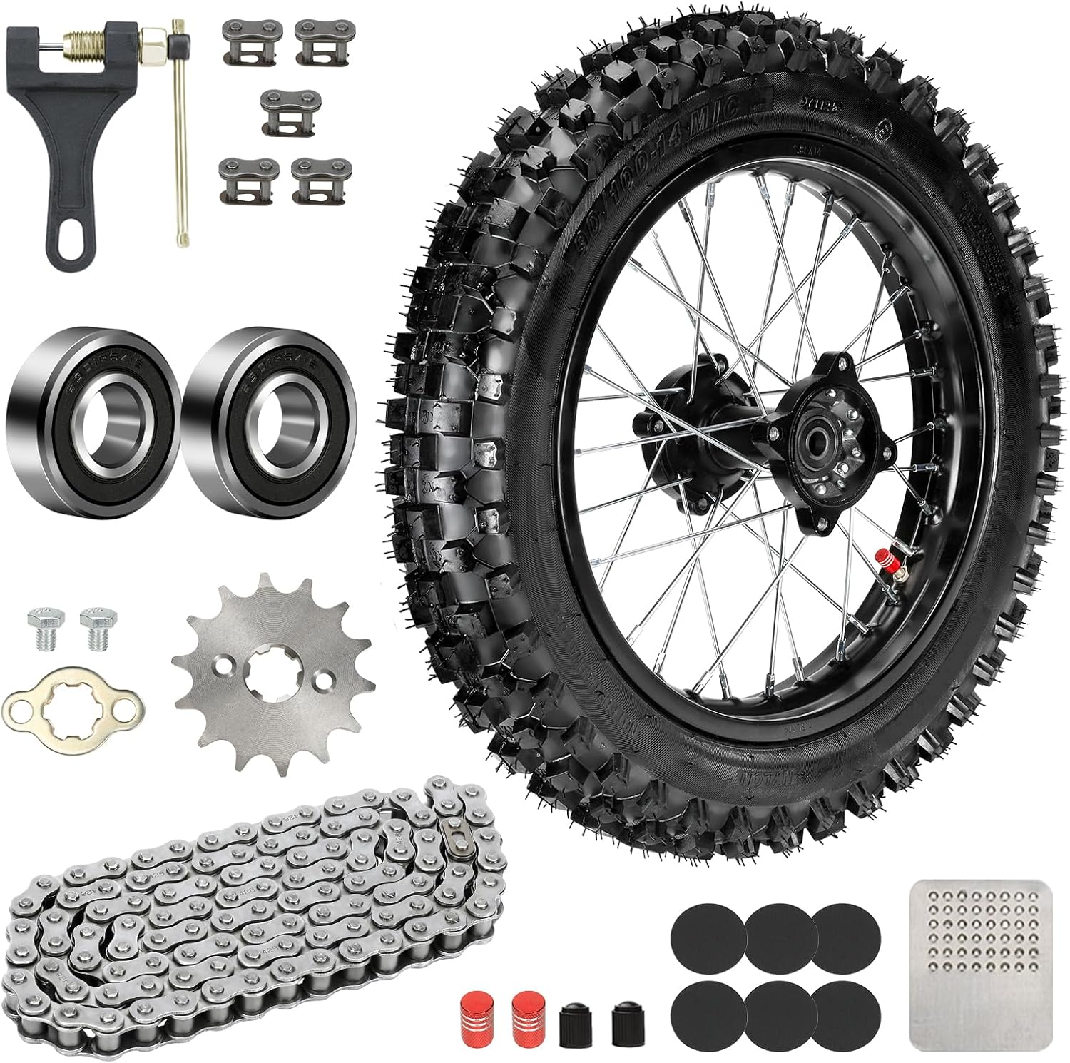 14'' Rear Wheel 90/100-14 3.00-14 Dirt Bike Tire Rim Assembly Compatible with SSR Apollo 150cc 140cc 125cc CR80R CR85R CRF80F CRF125F DB17 KX85 KLX125 KLX140 TTR125 Off Road Motocross Parts