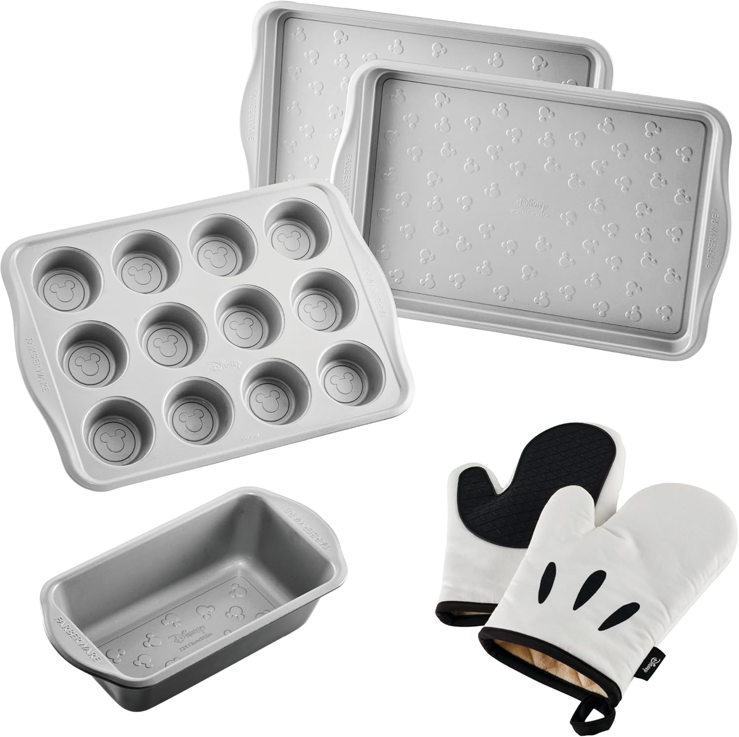 Farberware Disney Bake with Mickey Mouse Nonstick Bakeware Set/Baking Pans with Disney Home Oven Mitts, Cookie Pans, Muffin/Cupcake and Loaf Pan, 6 Piece - Black