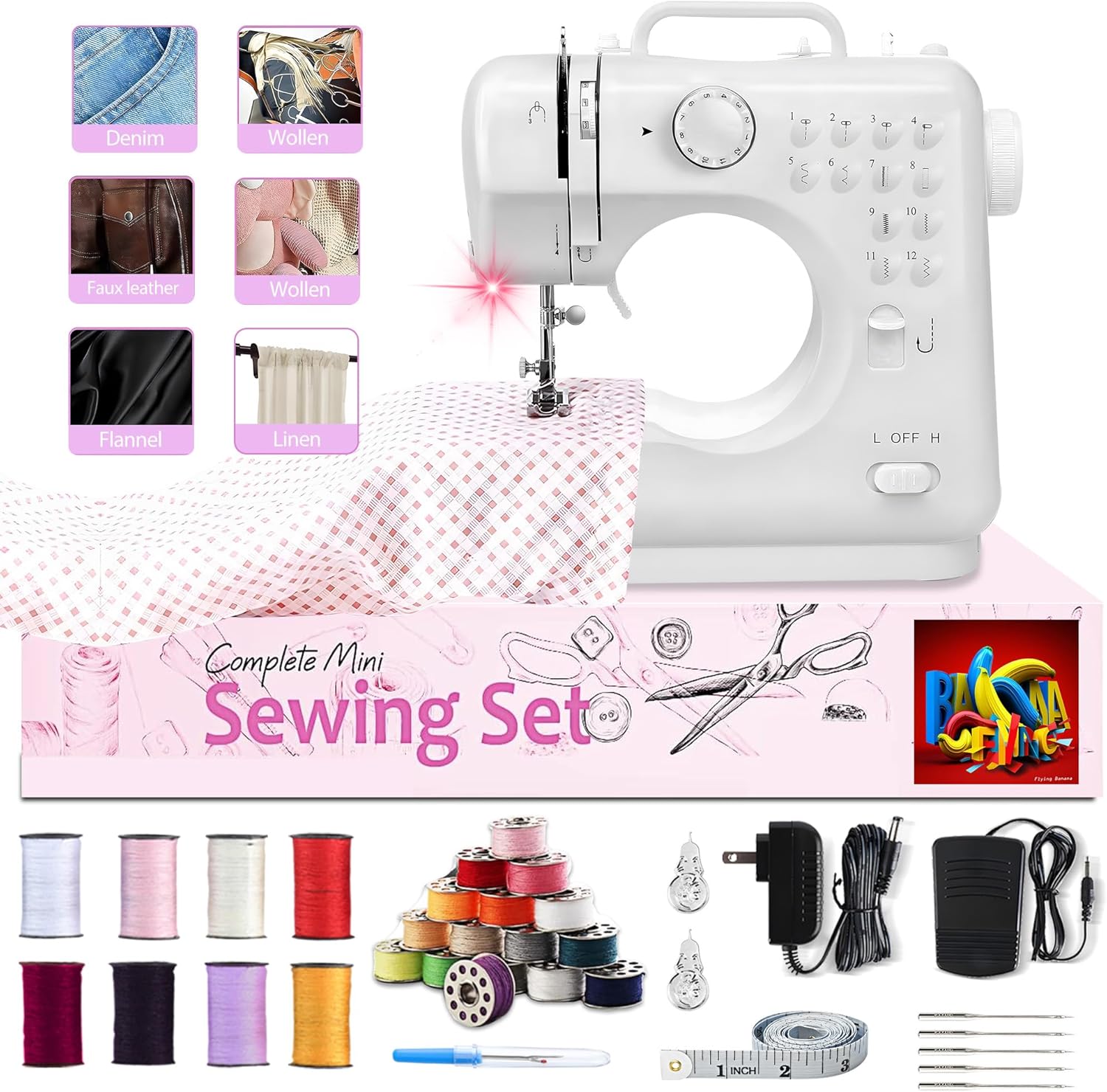 Portable Sewing Machine for Beginners, Mini Electric Sewing Machine 12 Built-in Stitch Patterns, 2 Speed with Foot Pedal & Sewing Kit, Easy DIY Household máquinas de coser for Kids Ages 8-12
