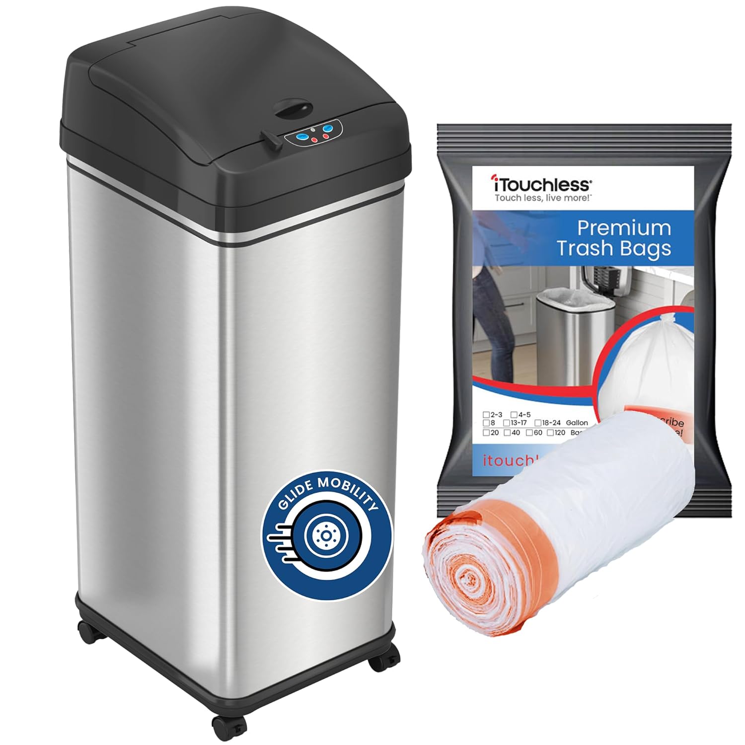 iTouchless 13 Gallon Glide Sensor Trash Can with Wheels and 10 Premium Trash Bags, Odor Control System, Automatic Kitchen and Office Garbage Bin, Stainless Steel