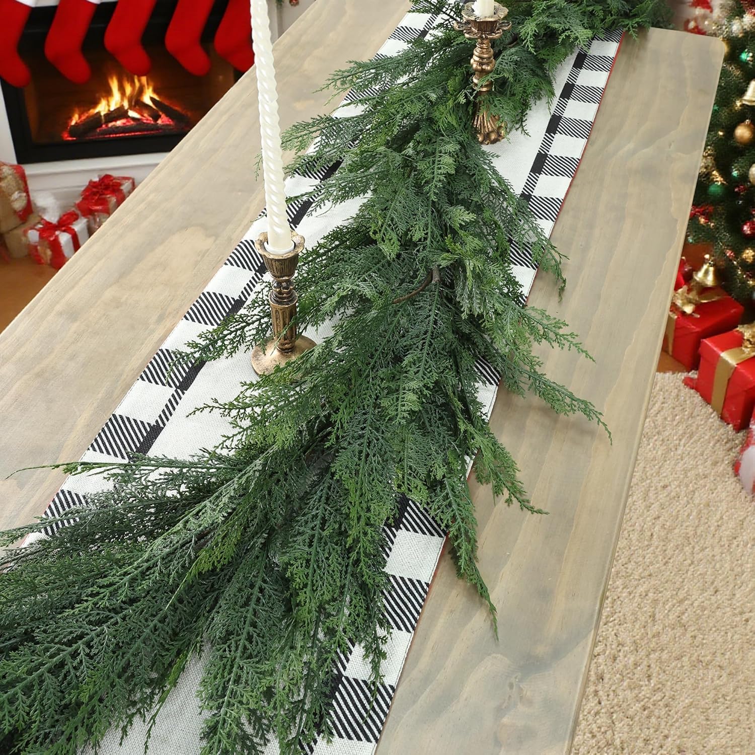 16ft Faux Cedar Realistic Christmas Garland - Artificial Soft and Thickness Green Faux Cedar Pine Garland for Home Fireplace Holiday Party Indoor Outdoor Decoration