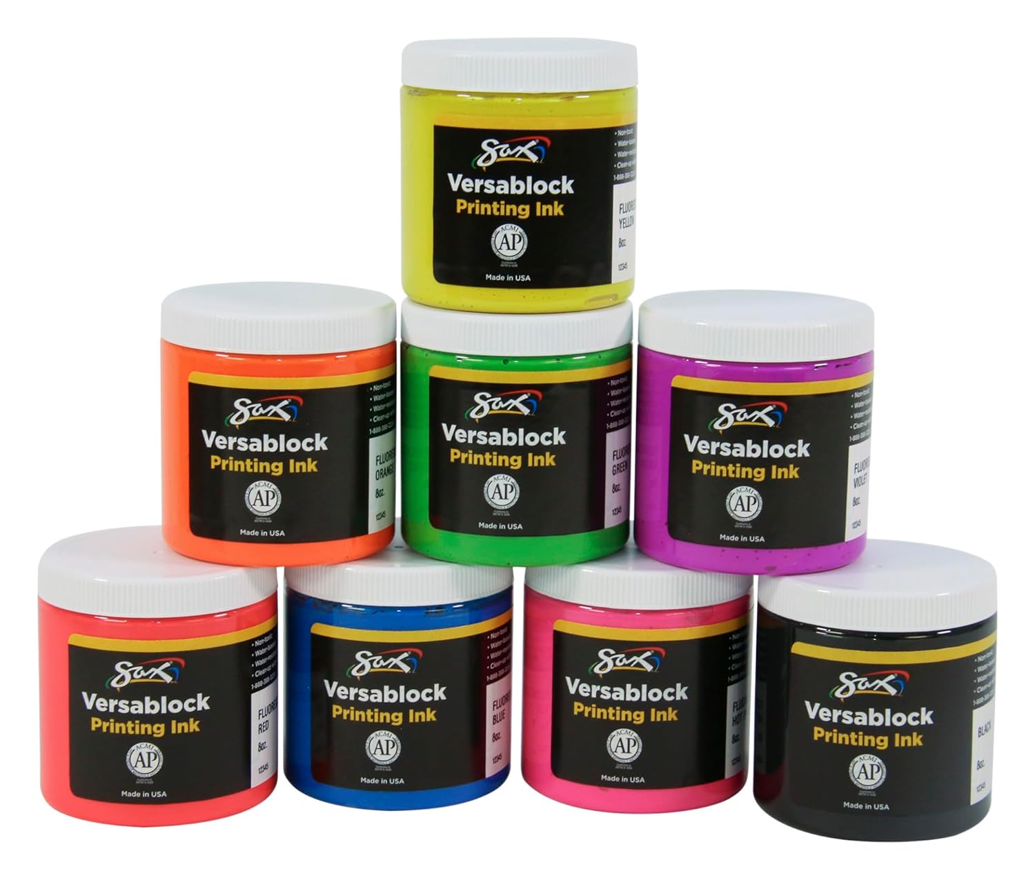 Sax 457451 Versablock Water-Based Fluorescent Block Printing Ink, 8 Ounces, Assorted Colors, Set of 8