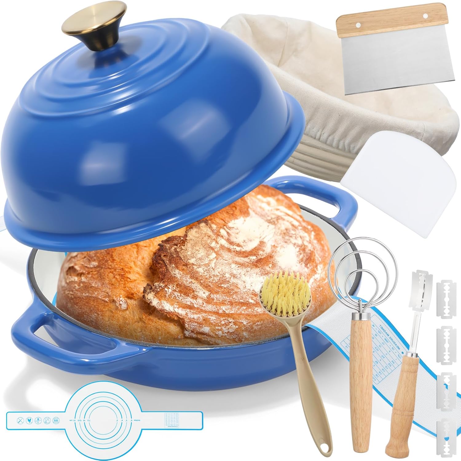 8 Pcs Enameled Bread Dutch Oven with Lid for Sourdough Baking Oven Enameled Cast Iron Dutch Pot with Bread Proofing Basket Baking Supplies Set for Kitchen Homemade Roasting(White,6 Quart)