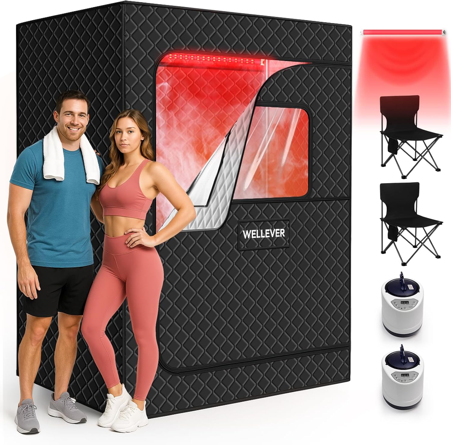 2 People Infrared Home Steam Sauna Box, Portable Personal Full Body Sauna Spa Tent at Home for Relaxation with Red Light Therapy Lamp, 3L Steamer, Folding Chair