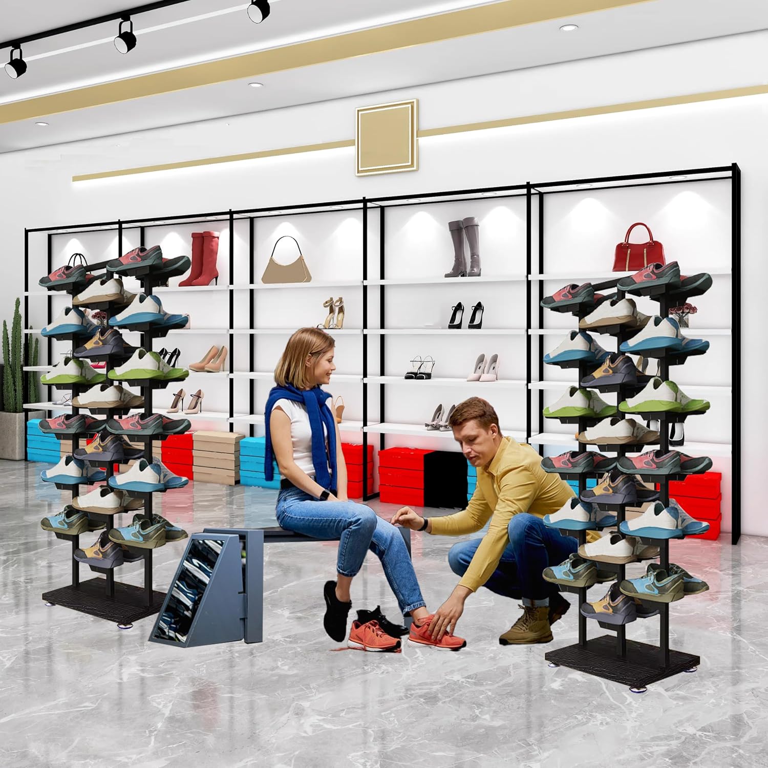 Commercial Shoe Rack Display, Double-Sided Retail Boutique Sneaker Display Shelves, Holds 18 Pairs of Large Capacity Freestanding Shoe Organizer for Store Closet Hallway Entryway﻿