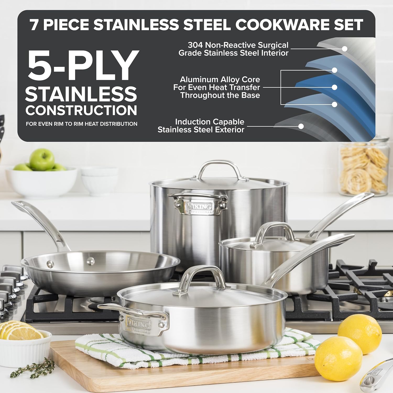 Viking 5-Ply Pots and Pans Set, 7 Piece Stainless Steel Kitchen Cookware, Silver