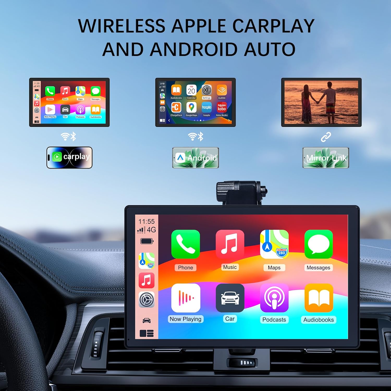 Carplay Screen for Car,9 inch Portable Car Play & Android Auto Touch Screen,4K Front & Rear Backup Camera Car Stereo,Loop Recording,GPS, Voice Control,Mirror Link,FM,AUX for All Vehicles