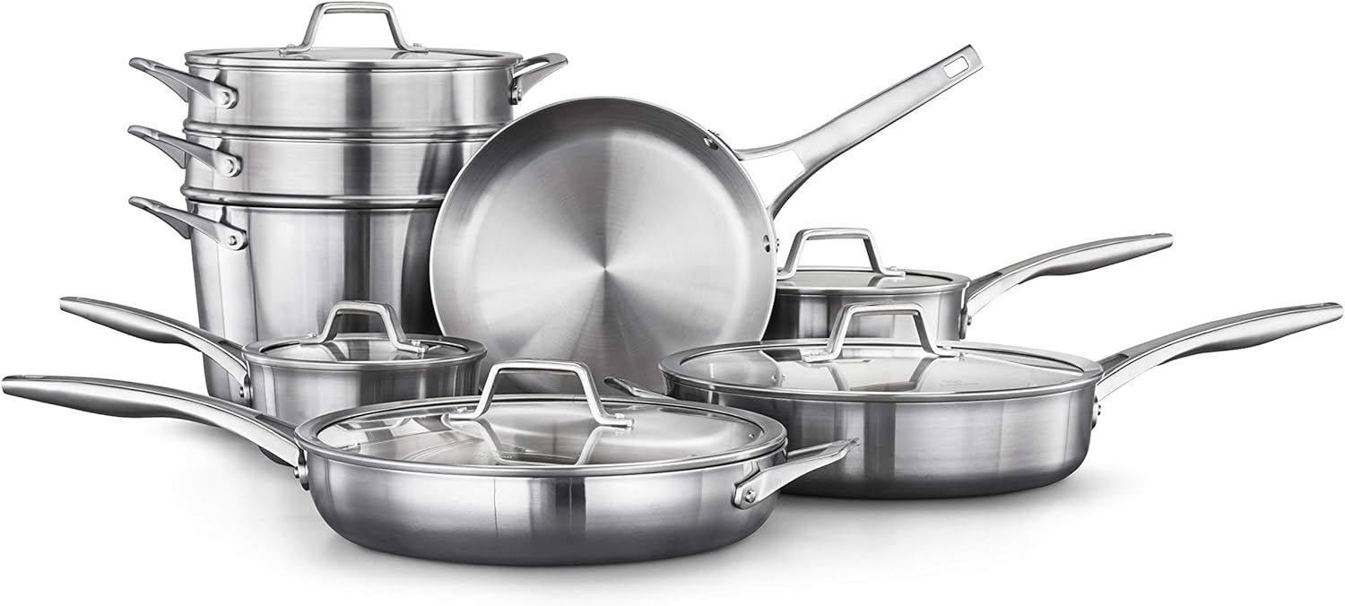 Calphalon 13-Piece Stainless Steel Kitchen Cookware Set with Aluminum Core Stay-Cool Handles and Steamer Insert Silver