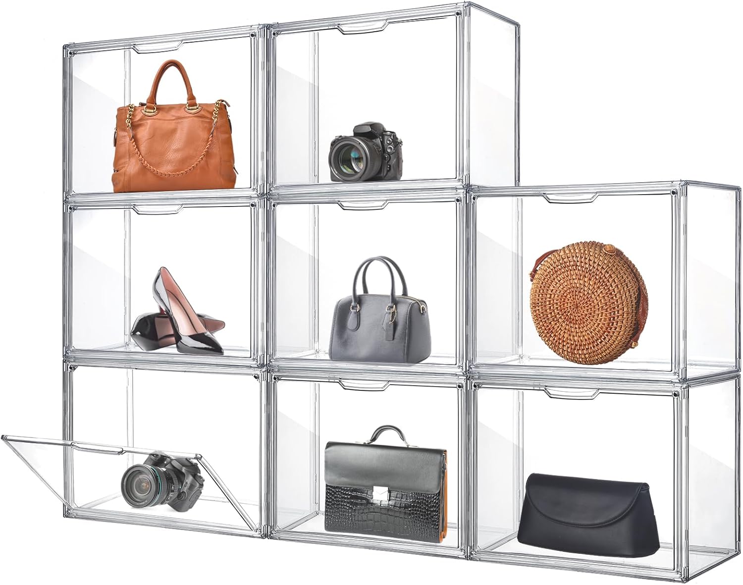 Geetery 8 Pack Purse Organizer for Closet Clear Large Acrylic Display Case for Handbag Purse Storage Box with Magnetic Door Plastic Stackable Storage Bin for Collectibles Book Figure Backpack Toy