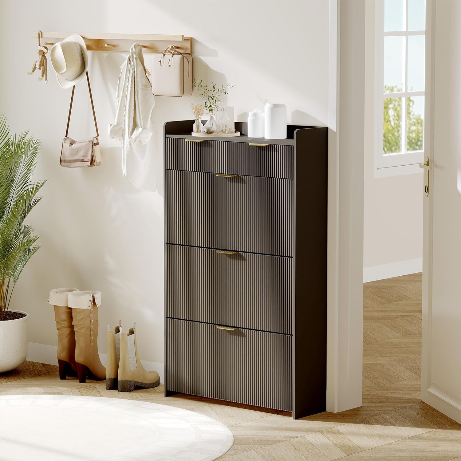 Modern Fluted Shoe Storage Cabinet with 3 Flip Drawers & 2 Drawers, Slim Wooden Shoe Organizer, Space Saving Entryway Cabinet for Hallway, Foyer, Apartment, Black