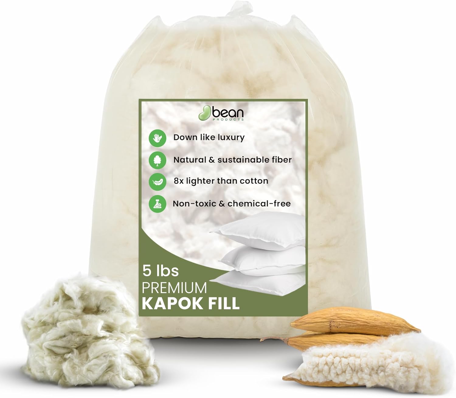 Bean Products Premium Kapok Fill | 5 lbs | 100% Organic Kapok Fiber | Chemical Free and Hypoallergenic | Perfect for Pillows, Pet Beds, Couches & More | Made in USA