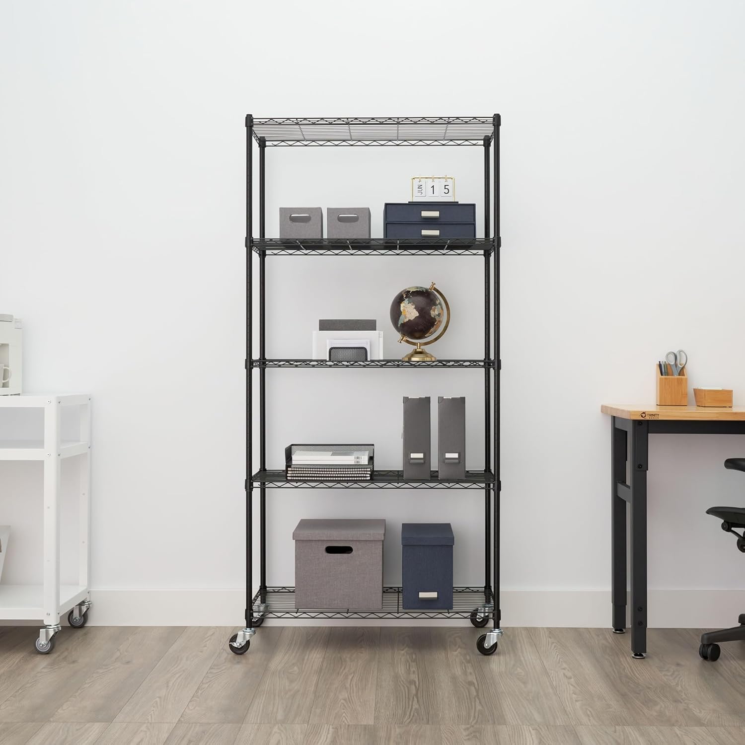 5-Tier Adjustable Wire Shelving with Wheels, Wire Shelf Rack for Kitchen Organization, Garage Storage, 400 to 2000 Pound Capacity, NSF Certified, 36” x 18” x 72”, Black