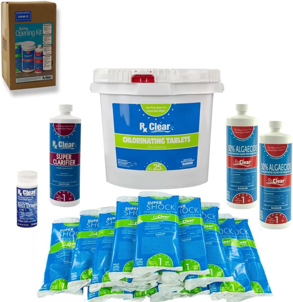 Rx Clear Pool Opening Chemical Maintenance Kit Plus for Above Ground or Inground Pools | for Pools Up to 15,000 Gallons | Includes Chlorine Tabs, Super Shock, 50% Algaecide, Clarifier and Test Strips