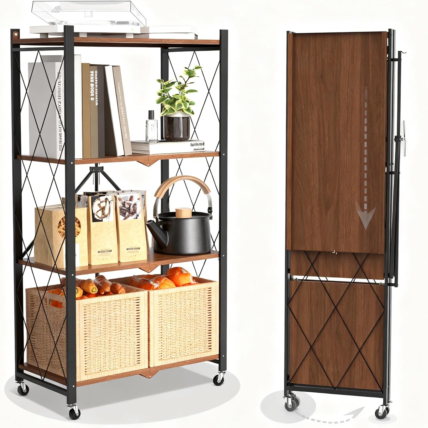 5 Tier Foldable Storage Shelf with Wheels,Folding Shelving Loads 500 LBS,No Assembly Bookshelf,Metal Shelving Units Storage for Garage,Living Room,Kitchen,Pantry, Office(27.9 x 13.3 x 62.6 in,White)