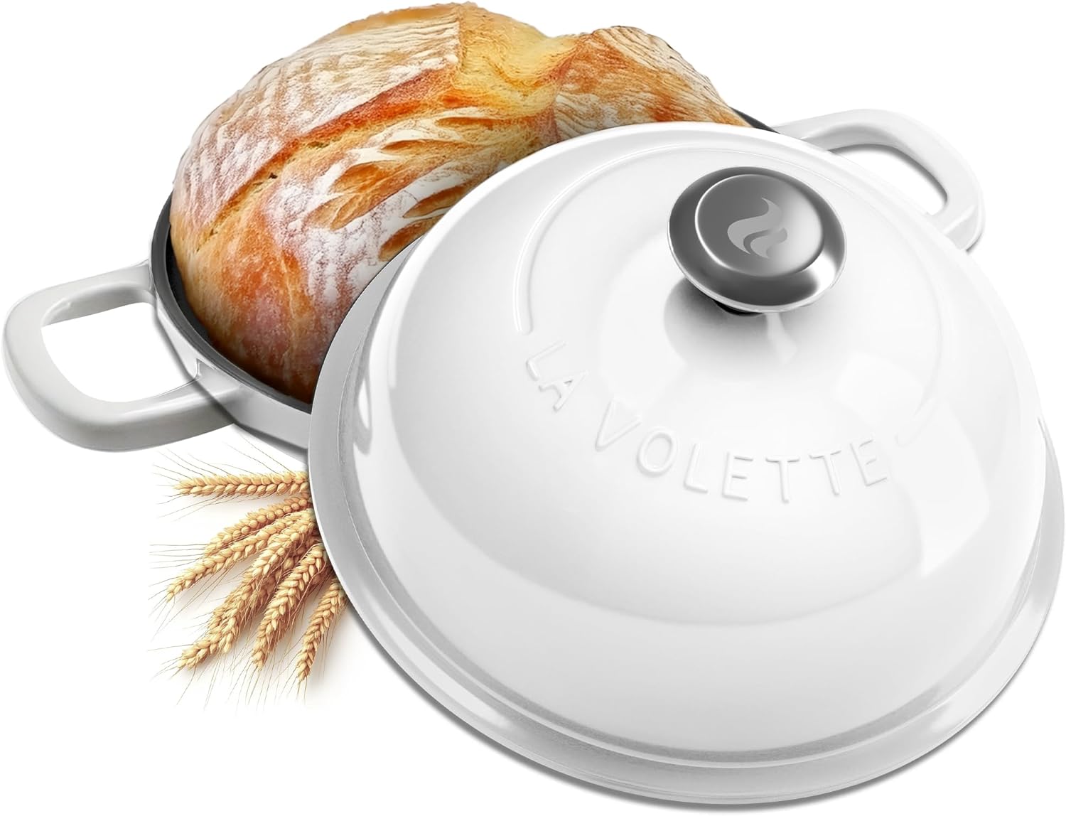 Enameled Cast Iron Bread Pan With Lid 9 Piece Complete Bread Baking Set | Dutch Oven for Bread Baking | 10 Inch Bread Oven with Lid | Thick Enamel | Silicone Baking Mat | Banneton | 6 Quart (white)