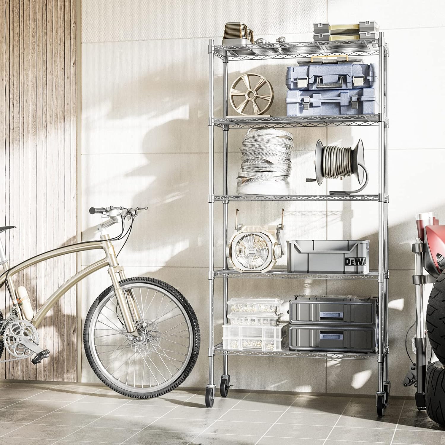 Auslar 5-Shelf Storage Shelves with Casters Heavy Duty 5 Tiers Rolling Cart Utility Racks Adjustable Wire Metal Shelving, 14