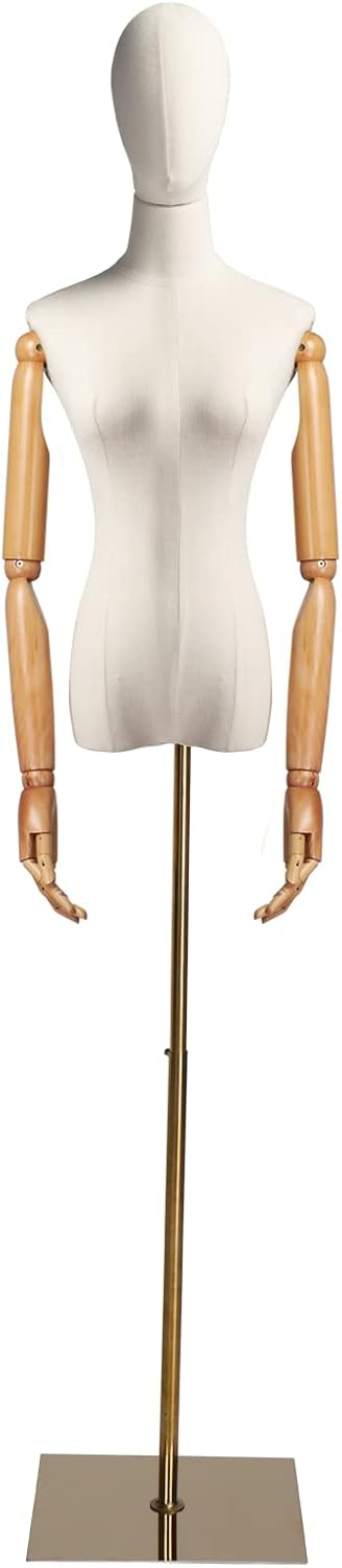 Bonnlo Female Dress Form with Head and Posable Wood Arms, Mannequin Torse Body with Metal Base Adjustable Height, Women Dress Jewelry Display Model