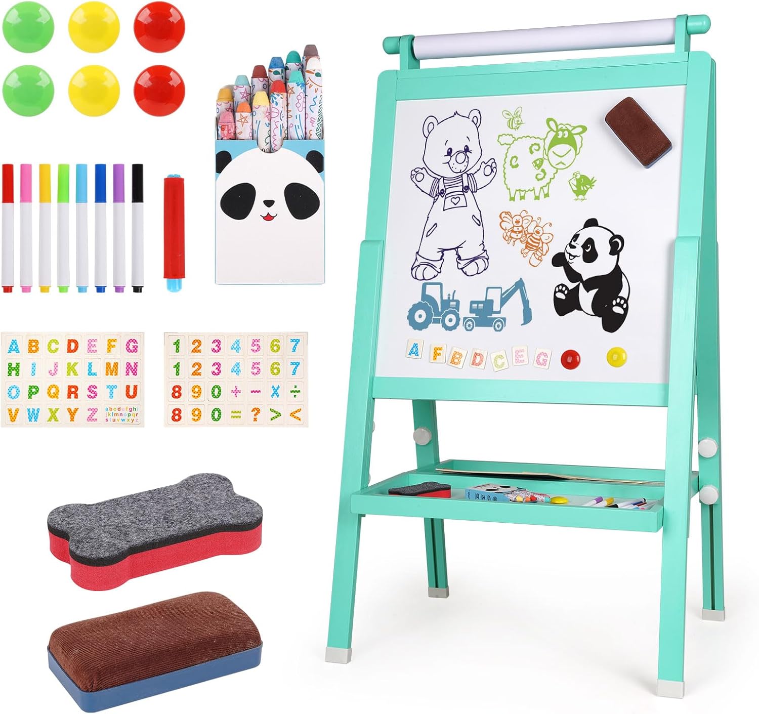 Wooden Art Easel for Toddlers Foldable Kids Easel with Paper Roll Children Double-Sided Whiteboard & Chalkboard Standing Educational Painting and Drawing Easel