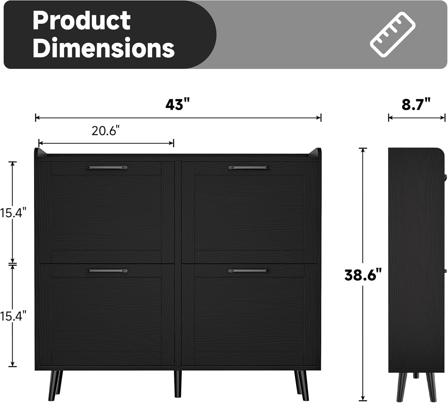 Shoe Storage Cabinet with 4 Flip Drawers, Freestanding Shoe Organizer with Adjustable Shelf & Anti-Tipping Device, Hidden Shoe Rack for Entryway, Hallway, Foyer, Lounge（Black）