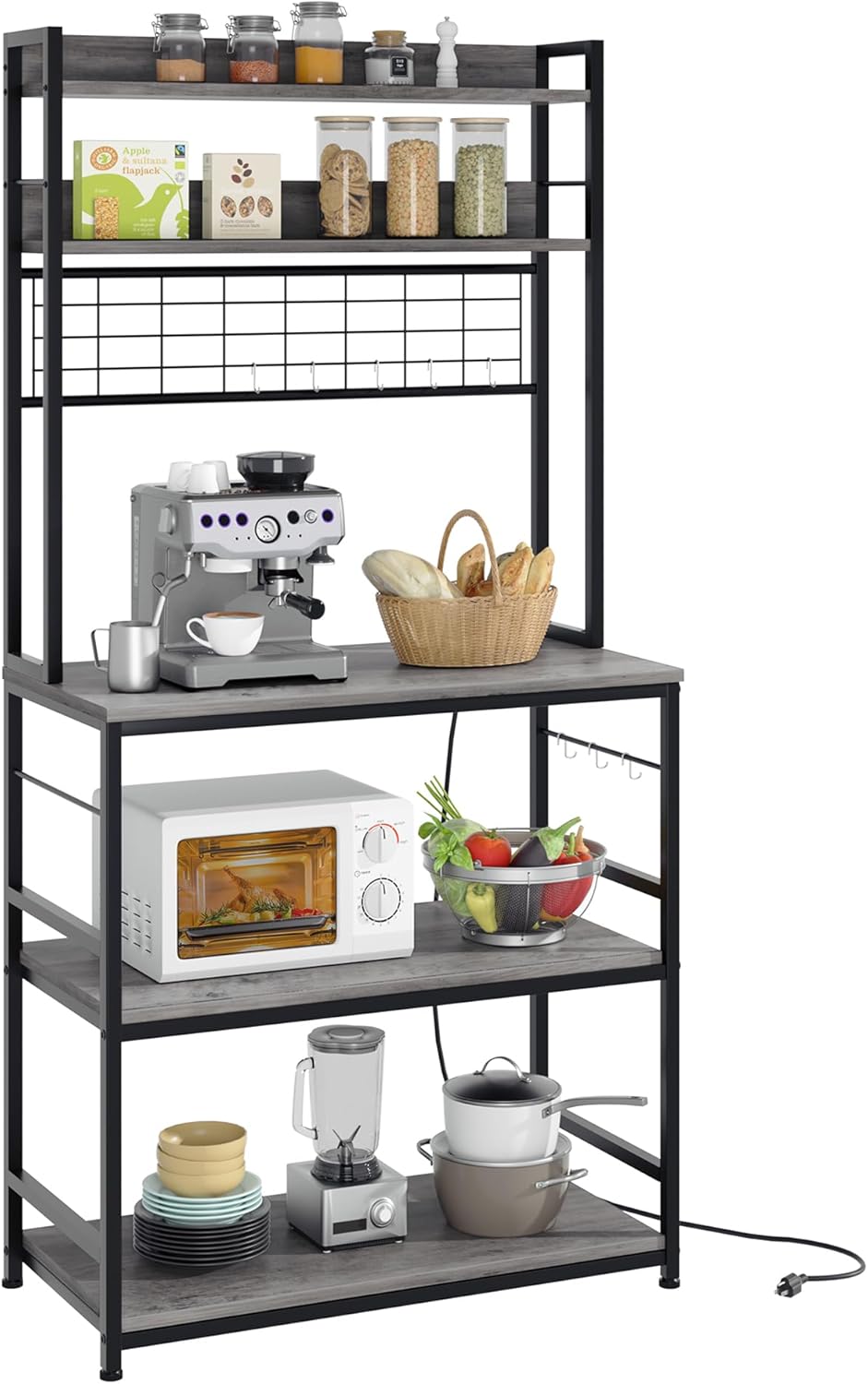 Shintenchi Bakers Rack with Power Outlet, Kitchen Organizer and Storage with 6 Hooks, Microwave Oven Stand, Kitchen Shelf for Spice, Coffee Station, Coffee Bar Table (Vintage Brown)