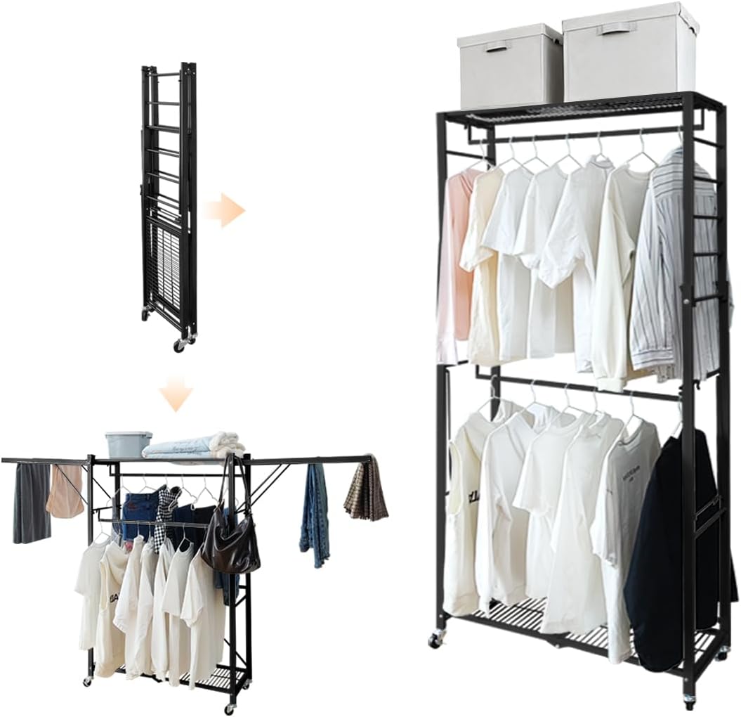 lumizone Folding Clothing Rack with Wheels Expandable Wardrobe Portable Clothes Rack for Hanging Clothes Adjustable Closet Shelves Garment Rack Durable Closet Racks for Hanging Clothes (Pro White)