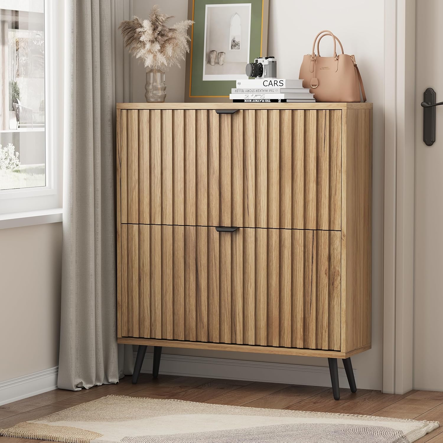 Shoe Storage Cabinet, Fluted Shoe Cabinet Storage for Entryway, Hidden Shoe Cabinet with Metal Legs,Shoe Organizer Cabinet with Flip Doors, Slim Entryway Shoe Storage Cabinet,Natural Wood-23.5in