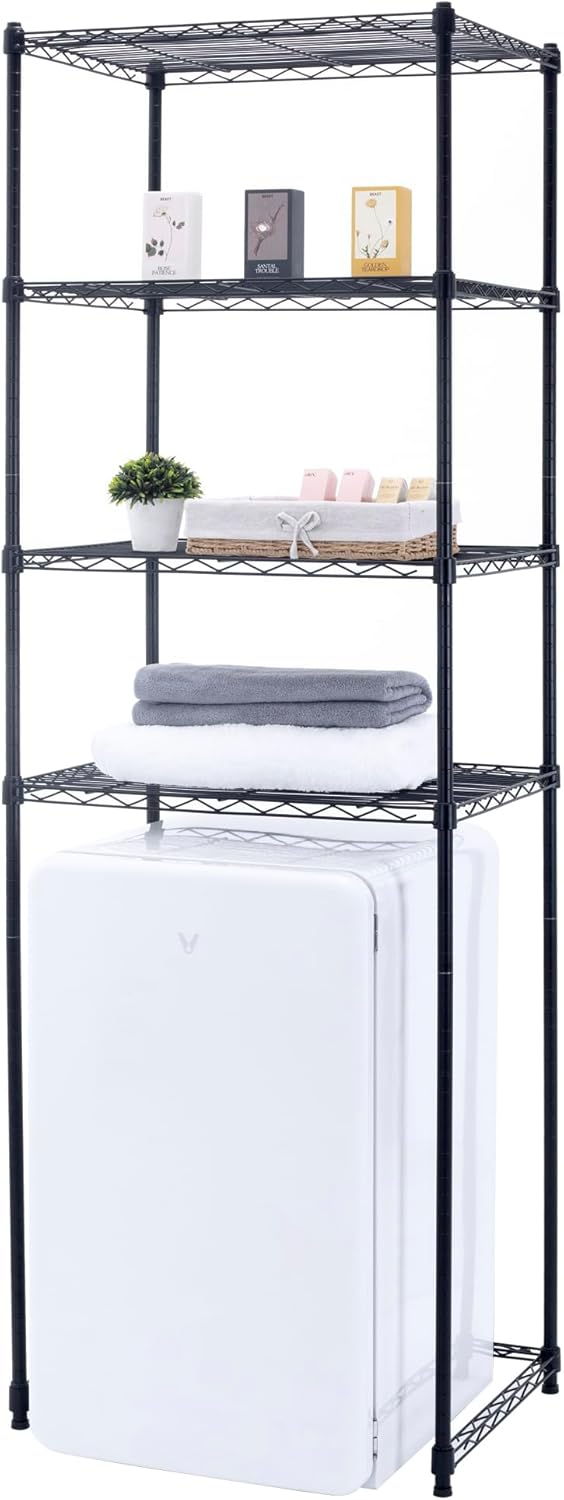 4 Tier Mini Fridge Shelf Adjustable Height Storage Shelf Metal Storage Rack Mini Fridge and Microwave Stand for Dorm, Kitchen, Office, Black