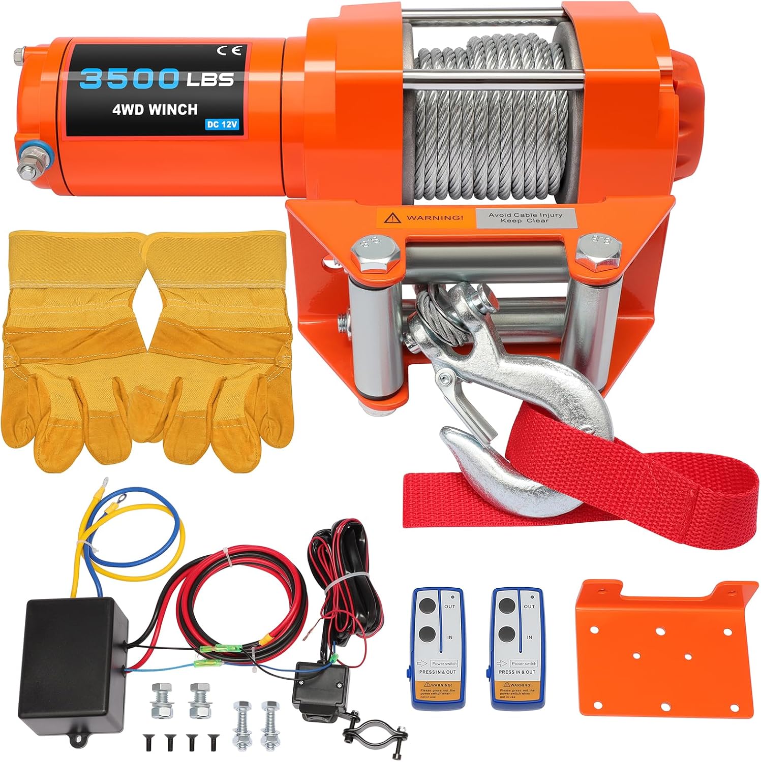 3000LBS electric winch, 3000LBS winch ATV UTV Truck winch, 12V Steel Cable 3000LBS Winch, with Roller Fairlead & Control Box & 2 *Wireless Remote Control & Mounting Plate, 12 volt winch, Orange
