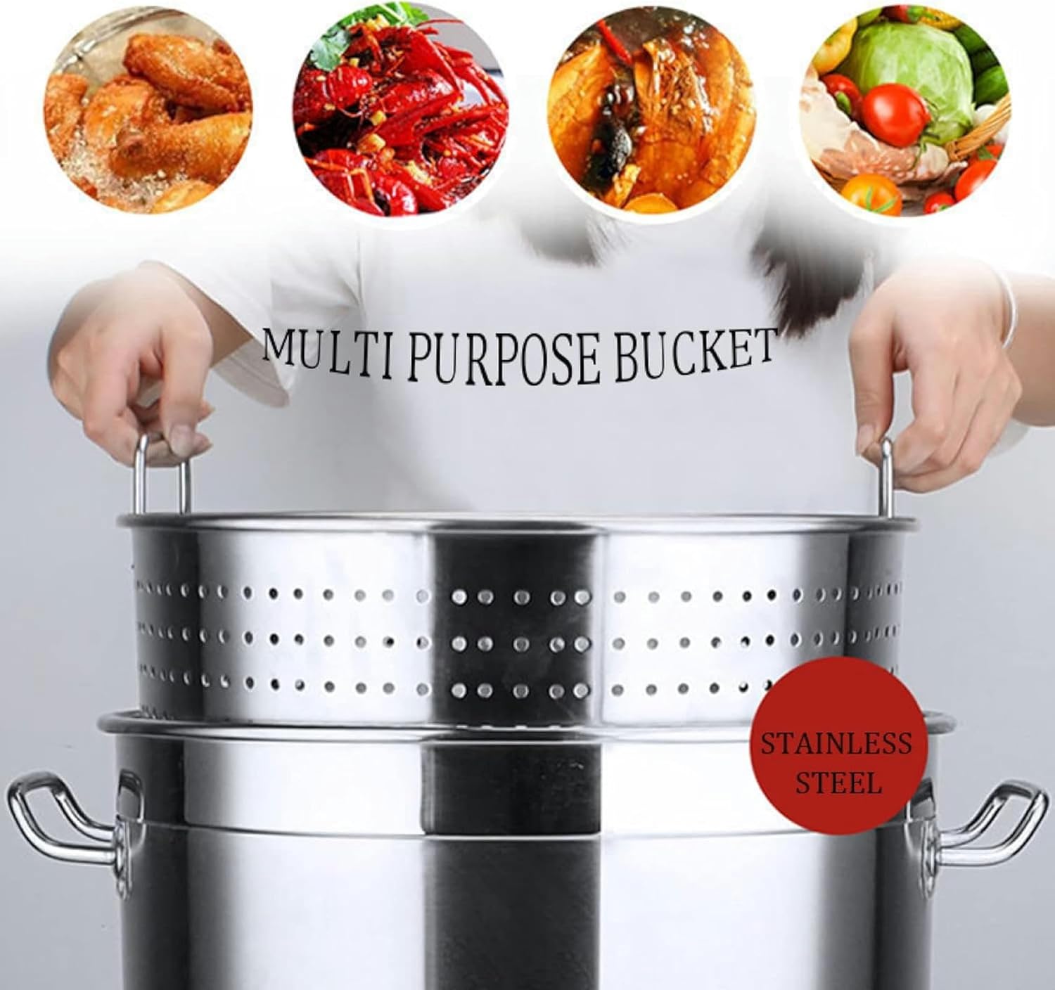 Stock Pot Heavy Duty Commercial Stainless Steel Turkey Fryer Pot 27QT/45QT/63QT Crawfish Seafood Boil Pot with Strainer and Lid for Boiling Steaming / 45X45CM(45X45CM)