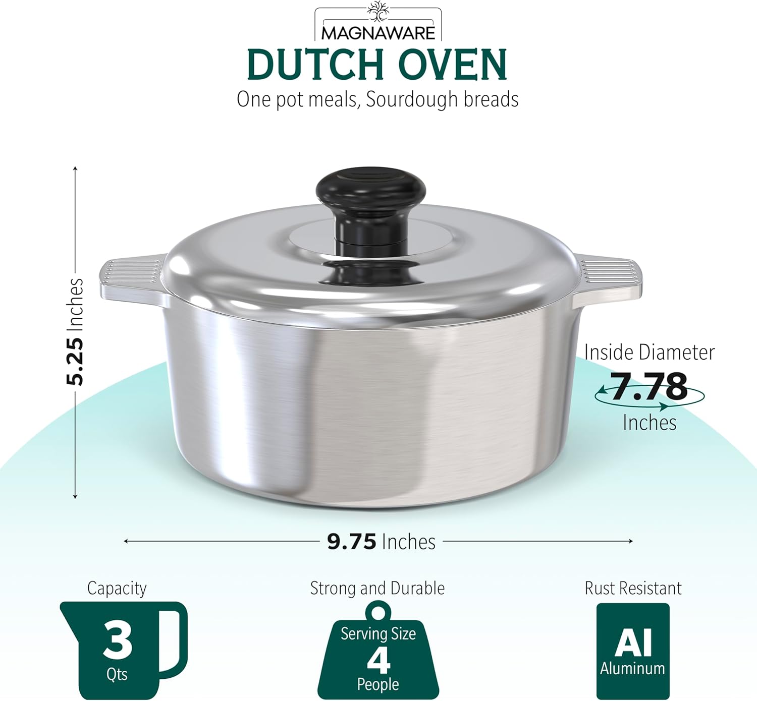 Cast Aluminum Dutch Oven with Lid - 3 Quart Lightweight Cookware Pot with Silicone Covers for Easy Handling - Even Heat Distribution & Retention - For Bread Baking, Stew, Simmering & More