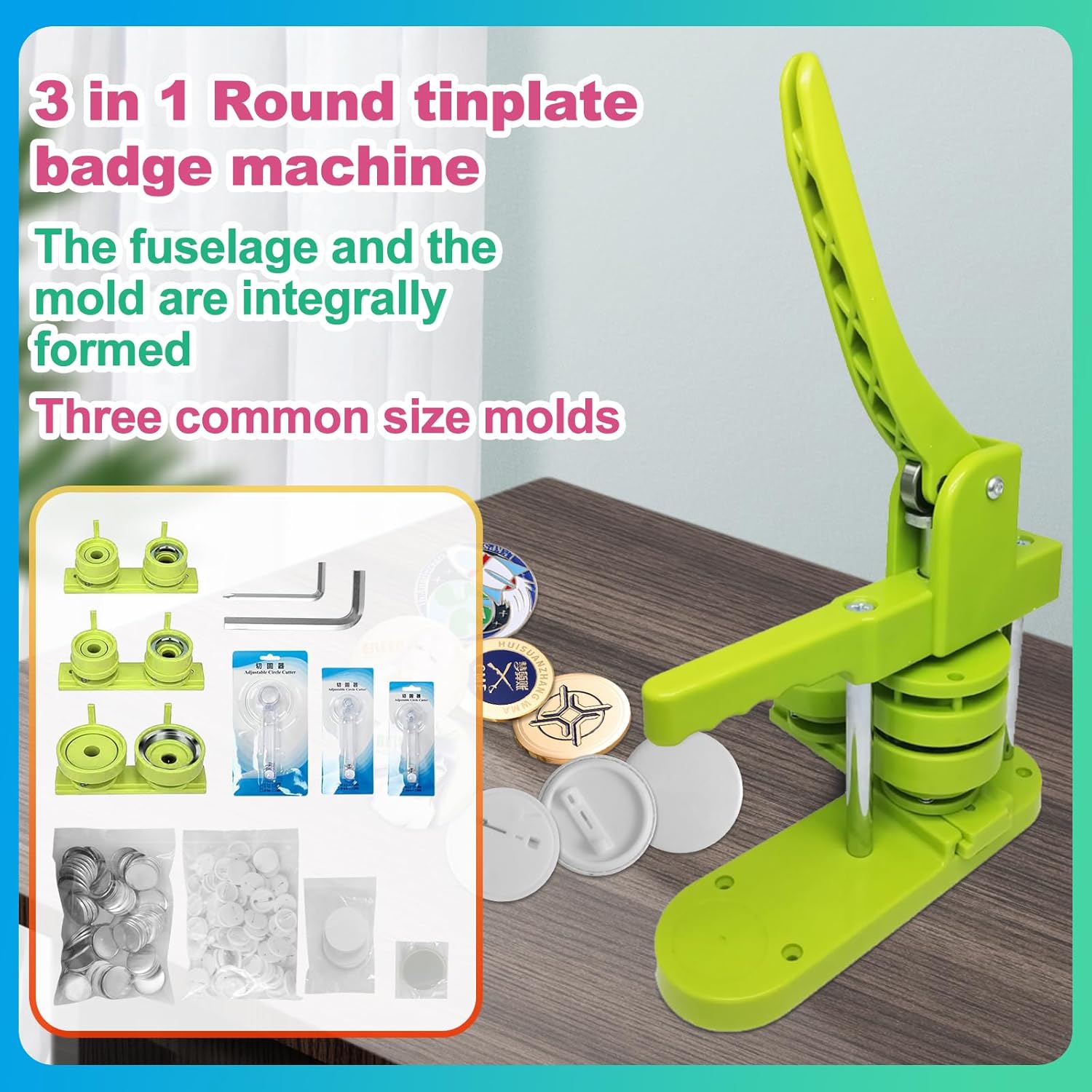 Maxmartt Button Maker, 1in/1.25in/2.25 inch(25/32/58mm) 3-in-1 Button Maker Machine, 3pcs Circle Cutter,330pcs Button Parts,for Children DIY Gifts pin Maker,Green