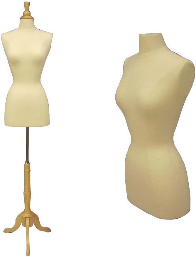 (JF-FWPW-4+One Free Black Cover+BS-01NX) Size 2-4 White Female Pinnable Dress Form Mannequin with Tripod Natural Wood Base+Cap