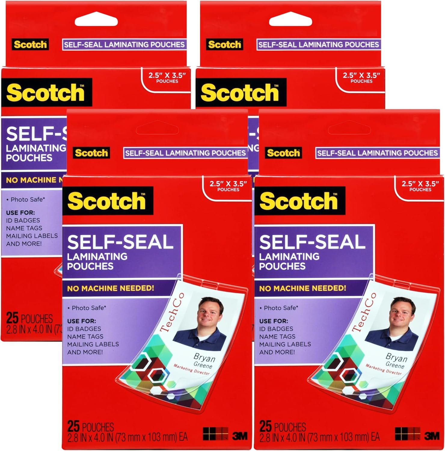 Scotch Self-Sealing Laminating Pouches for ID Badges with Clips, 2.25″ x 3.5″, 4-Pack (100 Pouches Total) – No Heat Required, Durable & Waterproof