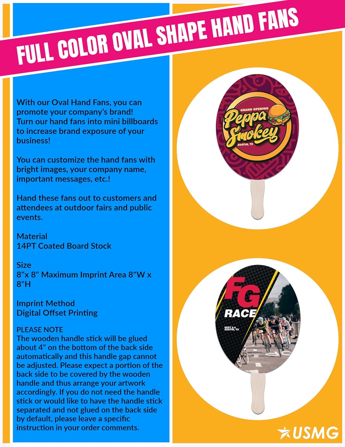 Custom Oval-Shaped Hand Fans – Personalized Full-Color Imprint for Events, Promotions, Tradeshows, Festivals, & Brand Marketing (Qty 250)