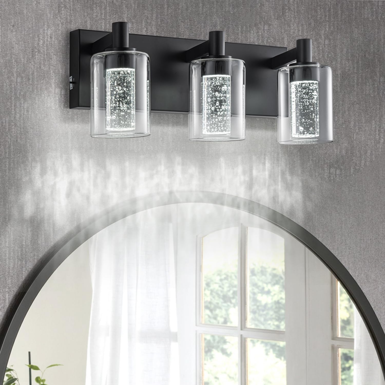 SineRise Vanity Light with 3 Color Modes (3000K/4000K/6000K), Eye Protection LED Bathroom Light Fixture, Dimmable Modern Wall Light Over Mirror with Clear Glass Shade (Black, 3-Light)