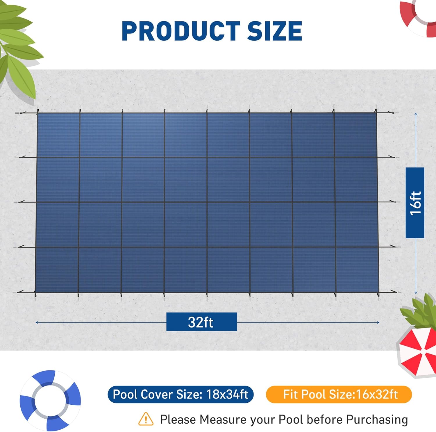 Inground Pool Safety Cover 16 x 32ft Rectangle Swimming Pool,Mesh Solid Pool Cover for Inground, Winter Pool Safety Cover with Triple Stitched for High Strength, Blue
