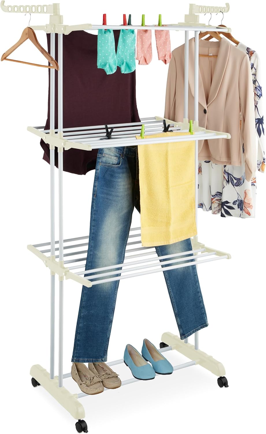 Relaxdays Clothes Airer, with Wheels, Laundry Drying Rack, Foldable Wings, HWD: 179x126x63.5 cm, Vertical, Metal, White