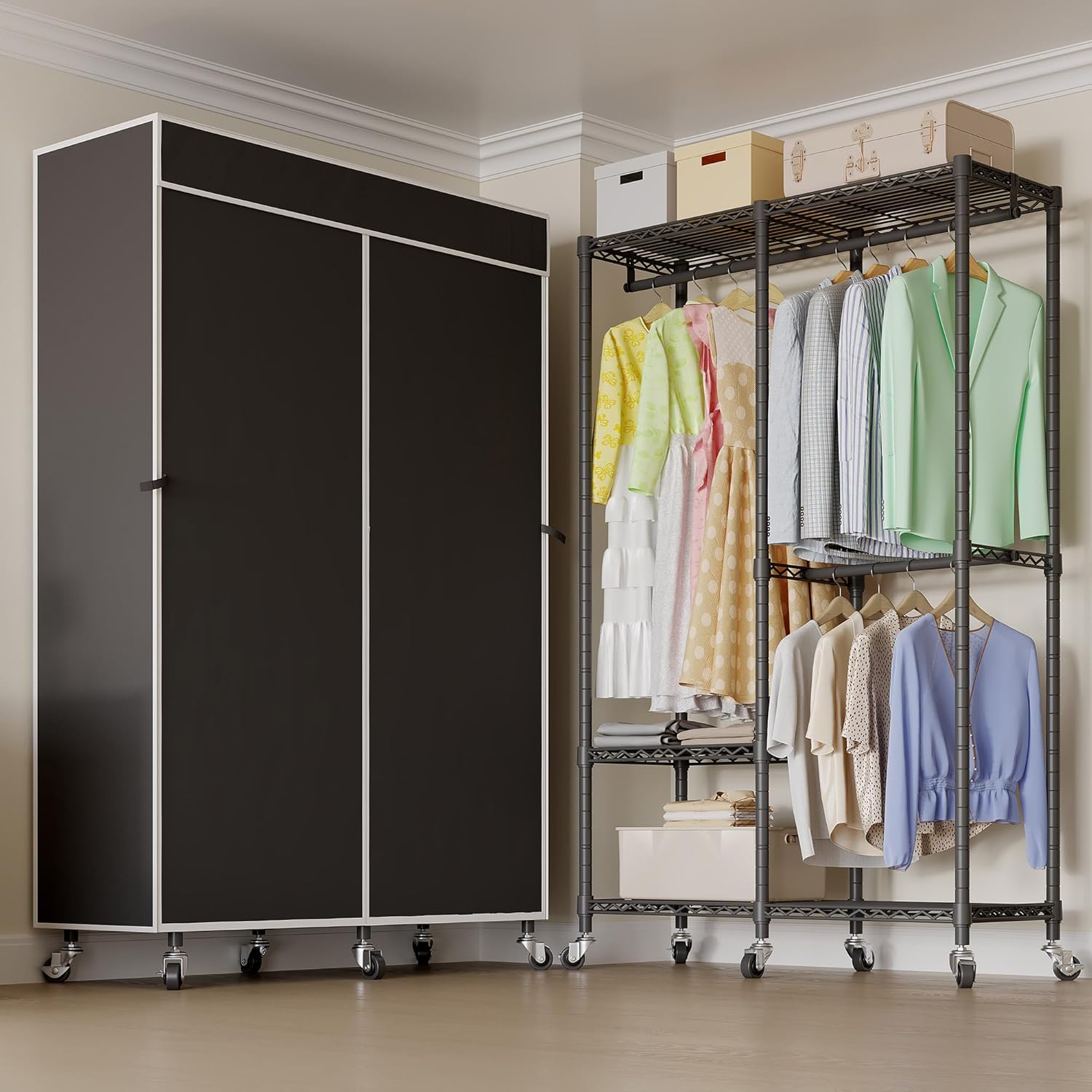 H9 Garment Rack with Cover, Heavy Duty Clothing Rack for Hanging Clothes, Portable Closet with wheels, Wardrobe Closet with Adjustable Shelves, Black Rack Shelf with Black Fabric Cover