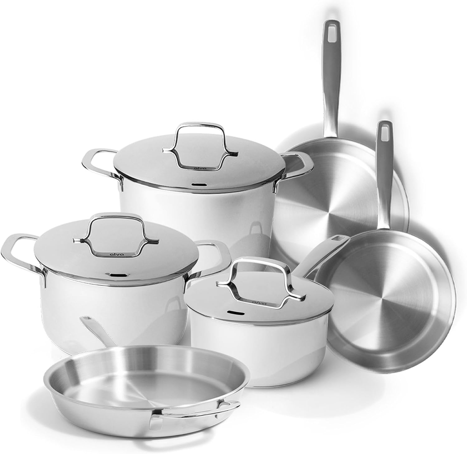 Alva Maestro Cookware Set 9-Piece Set - Stainless Steel Pans and Pots - Oven Safe, Easy to Clean and Made without PFAS, PFOA & PTFE - Induction & All Stovetop Compatible with Even Heat Distribution