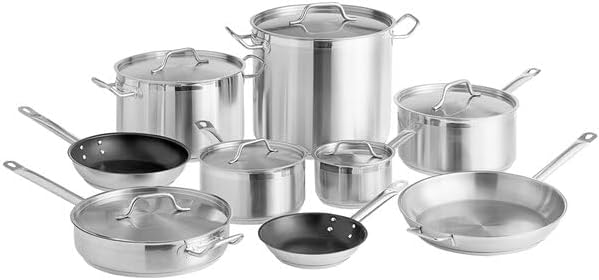 15-Piece Induction Ready Stainless Steel Cookware Set with Aluminum Core, NSF Listed, Includes Sauce Pans, Fry Pans, Stock Pots, Saute Pan with Lids for Commercial Kitchen