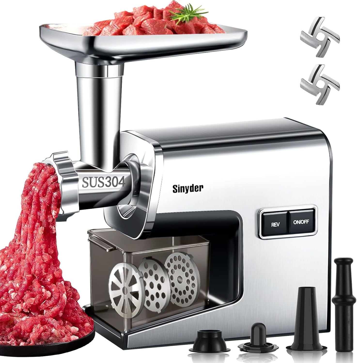 Electric Meat Grinder,3000 Max Heavy Duty Stainless Steel Meat Mincer with 2 Blades,3 Grinding Plates,Sausage Stuffer Tubes & Kubbe Kit for Home & Kitchen Using