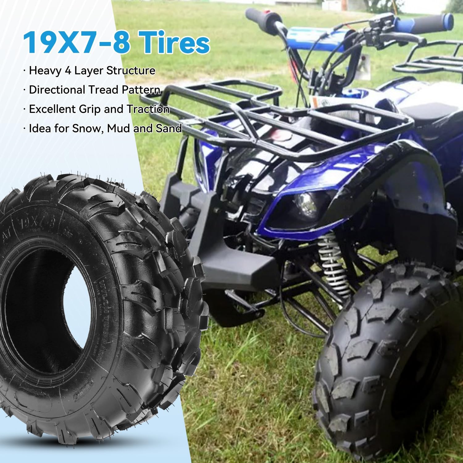 19x7-8 ATV Mini Bike Tires Tubeless Compatible with Coleman CT200U BT200X Baja MB165 MB200 Taotao Coolster 110cc 125cc UTV Quad 4 Wheeler Go Kart Replacement Parts PVR70 Valve Stem Set of 2