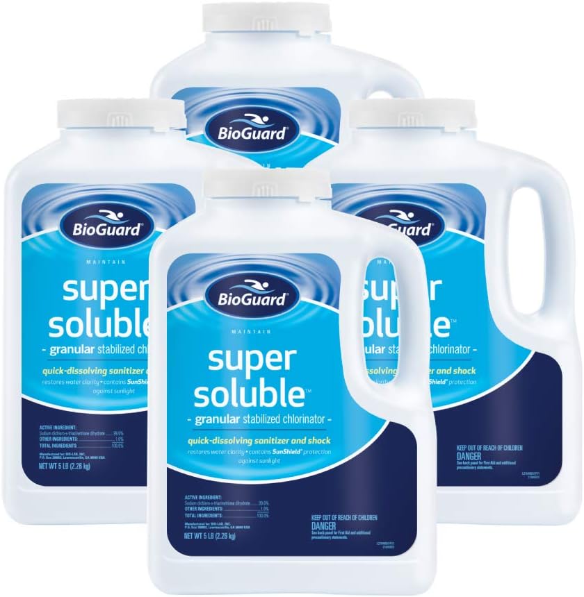 BioGuard Super Soluble Chlorine, 5 lb, Pack of 4, Granular Stabilized Chlorinator, Quick-Dissolving, Restores Water Clarity & Contains Sunshield Protection